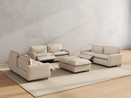 8 Piece Beige Linen Sit Sleep Play Sofa Sets 6 Seater with 2 Ottomans 6