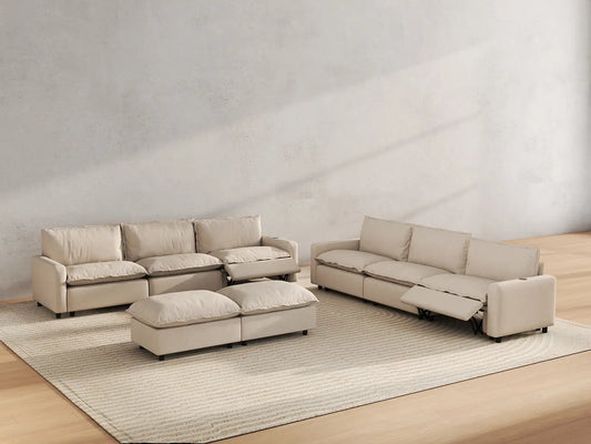 8 Piece Beige Linen Tech Ready Sofa Sets 6 Seater with 2 Ottomans 6