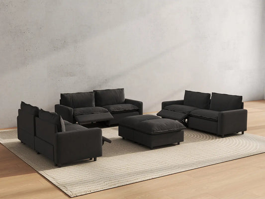 8 Piece Grey Linen Stretch Out Fully Sofa Sets 6 Seater with 2 Ottomans 6