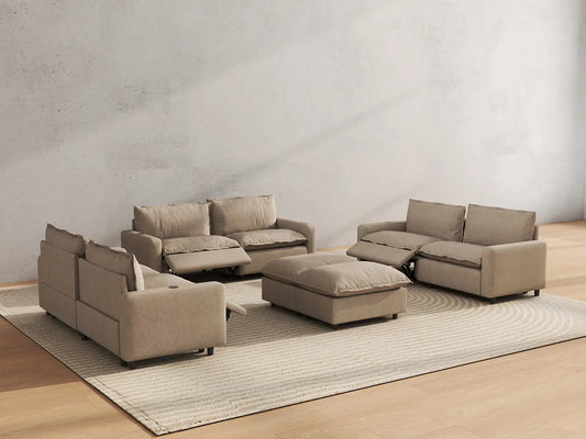 8 Piece Khaki Linen Power Motion Seat Sofa Sets 6 Seater with 2 Ottomans 6