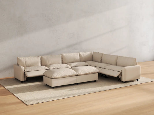 Modular Cero Reclining Sectionals | 8-Piece Beige Linen Open Plan Sofa Sets 6-Seater with 2-Ottomans