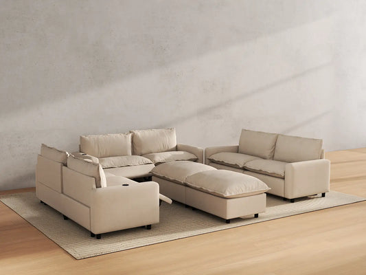 Modular Cero Reclining Sectionals | 8-Piece Beige Linen Open Plan Sofa Sets 6-Seater with 2-Ottomans