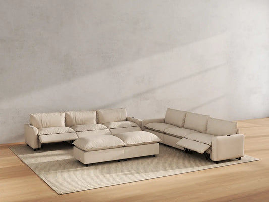 Modular Cero Reclining Sectionals | 8-Piece Beige Linen Open Plan Sofa Sets 6-Seater with 2-Ottomans