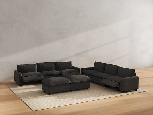 Modular Cero Reclining Sectionals | 8-Piece Grey Linen Open Plan Sofa Sets 6-Seater with 2-Ottomans