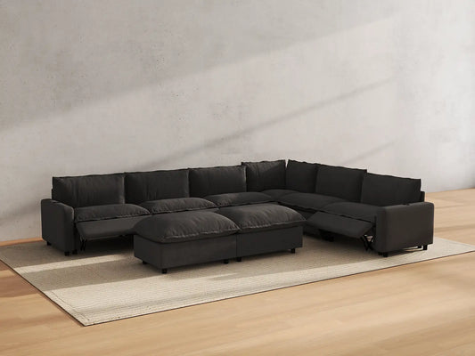 Modular Cero Reclining Sectionals | 8-Piece Grey Linen Open Plan Sofa Sets 6-Seater with 2-Ottomans