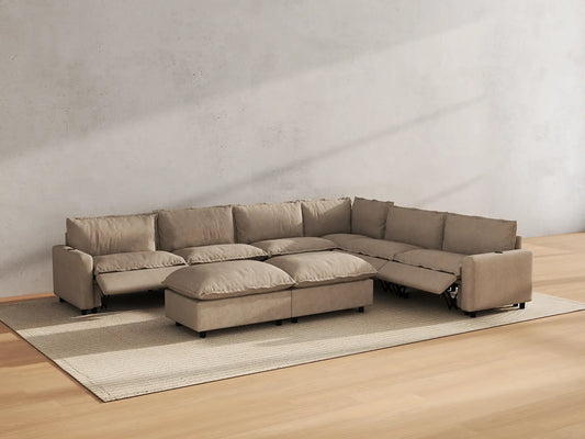 Modular Cero Reclining Sectionals | 8-Piece Khaki Linen Open Plan Sofa Sets 6-Seater with 2-Ottomans