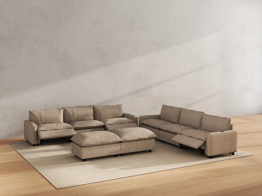 Modular Cero Reclining Sectionals | 8-Piece Khaki Linen Open Plan Sofa Sets 6-Seater with 2-Ottomans