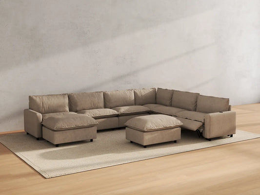 Modular Cero Reclining Sectionals | 8-Piece Khaki Linen Open Space Sofa Sets 6-Seater with 2-Ottomans