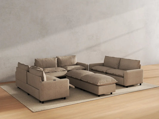 Modular Cero Reclining Sectionals | 8-Piece Khaki Linen Open Space Sofa Sets 6-Seater with 2-Ottomans