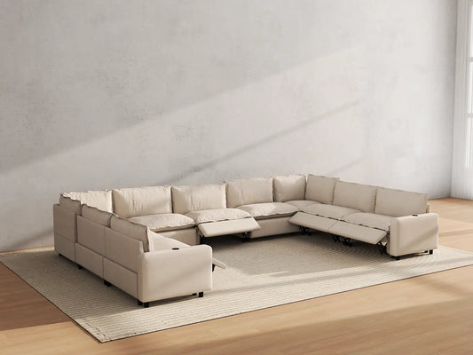 Modular Cero Reclining Sectionals | 9-Piece Beige Linen Open Space U-Shaped Sectionals 9-Seater