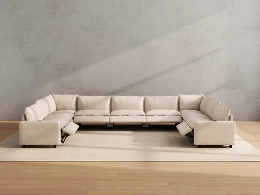 Modular Cero Reclining Sectionals | 9-Piece Beige Linen Open Space U-Shaped Sectionals 9-Seater