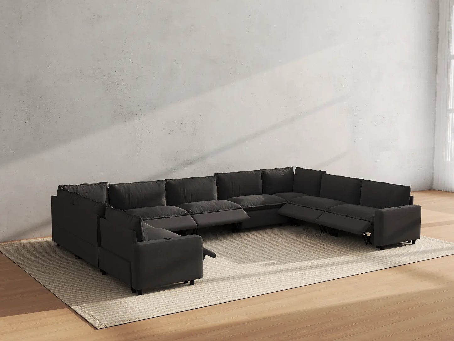 Modular Cero Reclining Sectionals | 9-Piece Grey Linen Open Space U-Shaped Sectionals 9-Seater