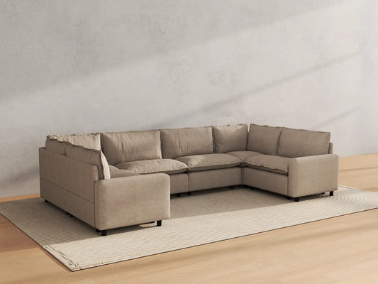 Modular Cero Modular Sectionals | 6-Piece Khaki Linen Large Space U-Shaped Sectionals 6-Seater