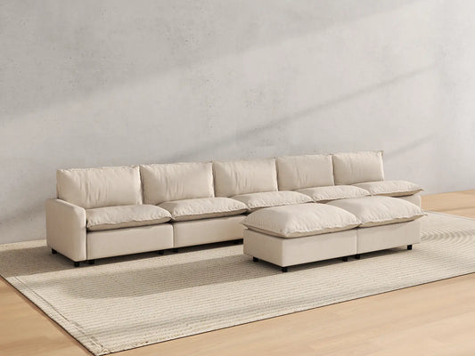Modular Cero Modular Sectionals | 7-Piece Beige Linen Large Space Sofa Sets 5-Seater with 2-Ottomans