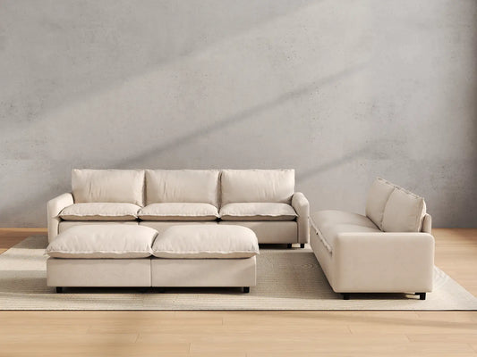 Modular Cero Modular Sectionals | 7-Piece Beige Linen Open Plan Sofa Sets 5-Seater with 2-Ottomans