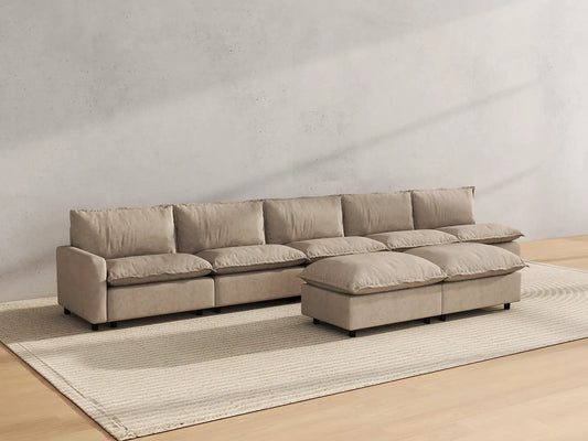 Modular Cero Modular Sectionals | 7-Piece Khaki Linen Large Space Sofa Sets 5-Seater with 2-Ottomans