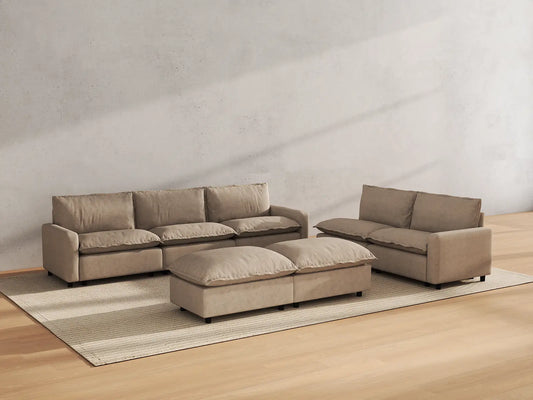 Modular Cero Modular Sectionals | 7-Piece Khaki Linen Open Plan Sofa Sets 5-Seater with 2-Ottomans