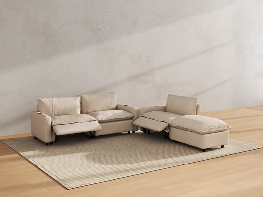 Modular Cero Reclining Sectionals | 4-Piece Beige Linen Home Living Chaise Sectionals 3-Seater with 1-Ottoman