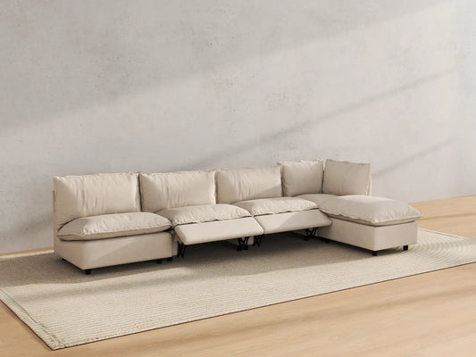Modular Cero Reclining Sectionals | 5-Piece Beige Linen Large Space L-Shaped Sectionals 4-Seater with 1-Ottoman