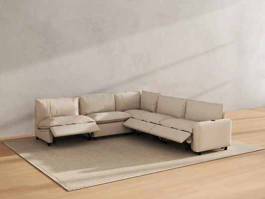 Modular Cero Reclining Sectionals | 5-Piece Beige Linen Large Space V-Shaped Sectionals 5-Seater
