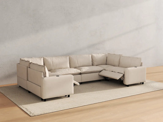 Modular Cero Reclining Sectionals | 6-Piece Beige Linen Large Space U-Shaped Sectionals 6-Seater