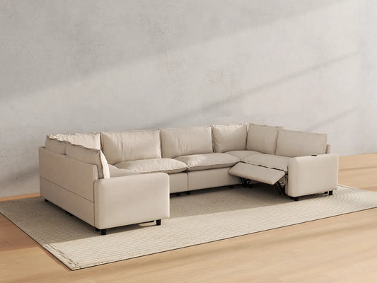 Modular Cero Reclining Sectionals | 6-Piece Beige Linen Large Space U-Shaped Sectionals 6-Seater