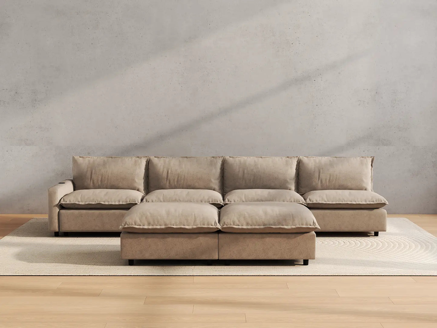 Modular Cero Reclining Sectionals | 6-Piece Khaki Linen Open Plan Sofa Sets 4-Seater with 2-Ottomans