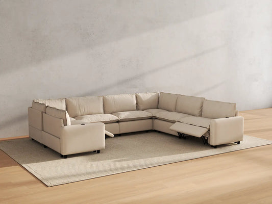 Modular Cero Reclining Sectionals | 7-Piece Beige Linen Large Space U-Shaped Sectionals 7-Seater