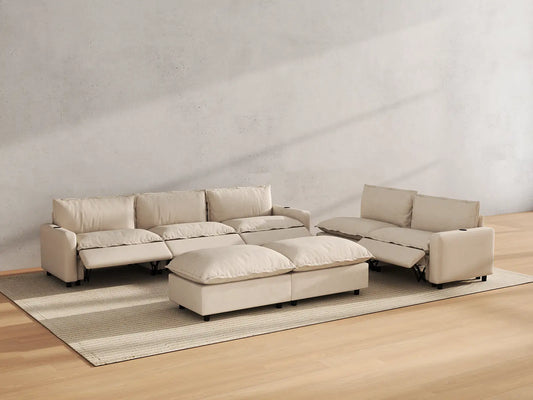Modular Cero Reclining Sectionals | 7-Piece Beige Linen Open Plan Sofa Sets 5-Seater with 2-Ottomans