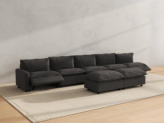 Modular Cero Reclining Sectionals | 7-Piece Grey Linen Open Plan Sofa Sets 5-Seater with 2-Ottomans