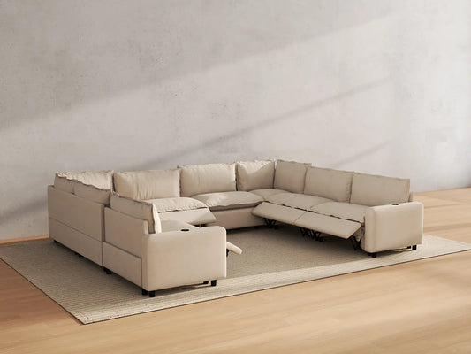 Modular Cero Reclining Sectionals | 8-Piece Beige Linen Grand Estate U-Shaped Sectionals 8-Seater