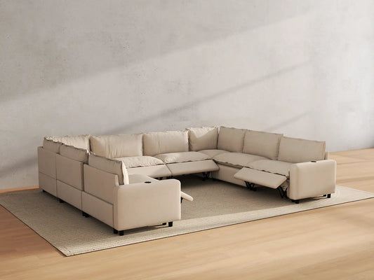 Modular Cero Reclining Sectionals | 8-Piece Beige Linen Open Space U-Shaped Sectionals 8-Seater