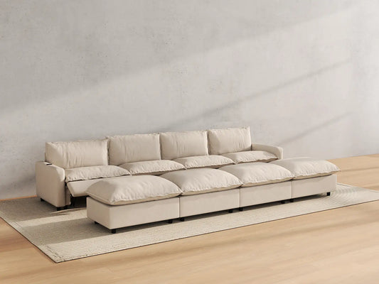 Modular Cero Reclining Sectionals | 8-Piece Beige Linen Open Space Pit Sectionals 4-Seater with 4-Ottomans