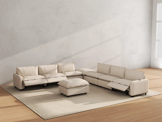 Modular Cero Reclining Sectionals | 8-Piece Beige Linen Open Space Sofa Sets 6-Seater with 2-Ottomans