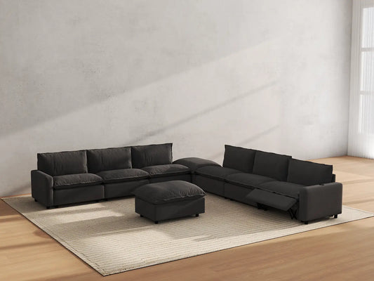 Modular Cero Reclining Sectionals | 8-Piece Grey Linen Open Space Sofa Sets 6-Seater with 2-Ottomans