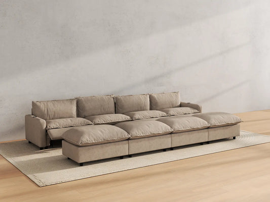 Modular Cero Reclining Sectionals | 8-Piece Khaki Linen Open Plan Pit Sectionals 4-Seater with 4-Ottomans