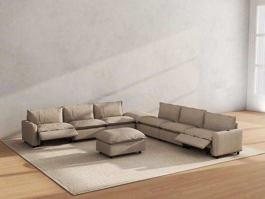 Modular Cero Reclining Sectionals | 8-Piece Khaki Linen Open Plan Sofa Sets 6-Seater with 2-Ottomans