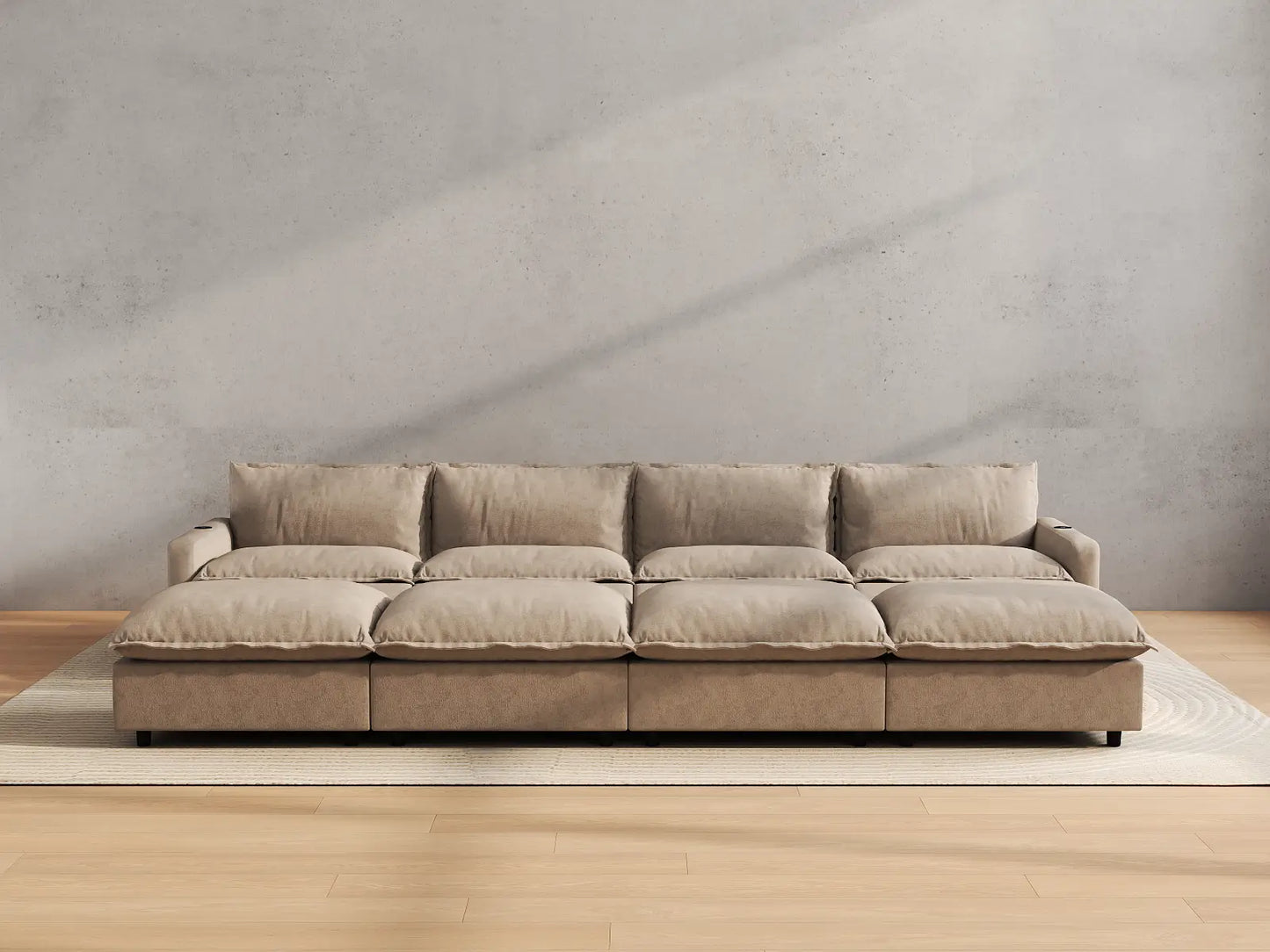 Modular Cero Reclining Sectionals | 8-Piece Khaki Linen Open Space Pit Sectionals 4-Seater with 4-Ottomans