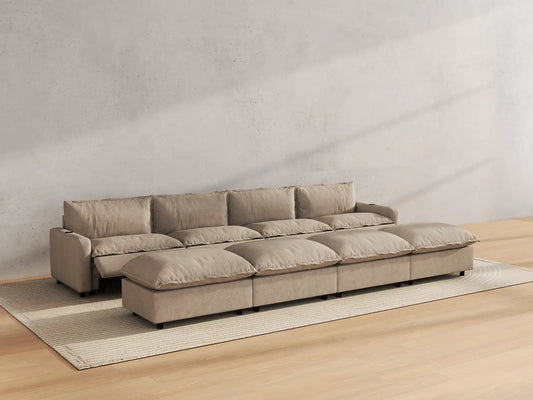 Modular Cero Reclining Sectionals | 8-Piece Khaki Linen Open Space Pit Sectionals 4-Seater with 4-Ottomans