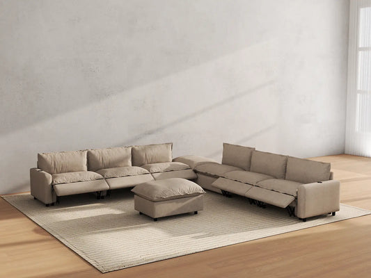 Modular Cero Reclining Sectionals | 8-Piece Khaki Linen Open Space Sofa Sets 6-Seater with 2-Ottomans