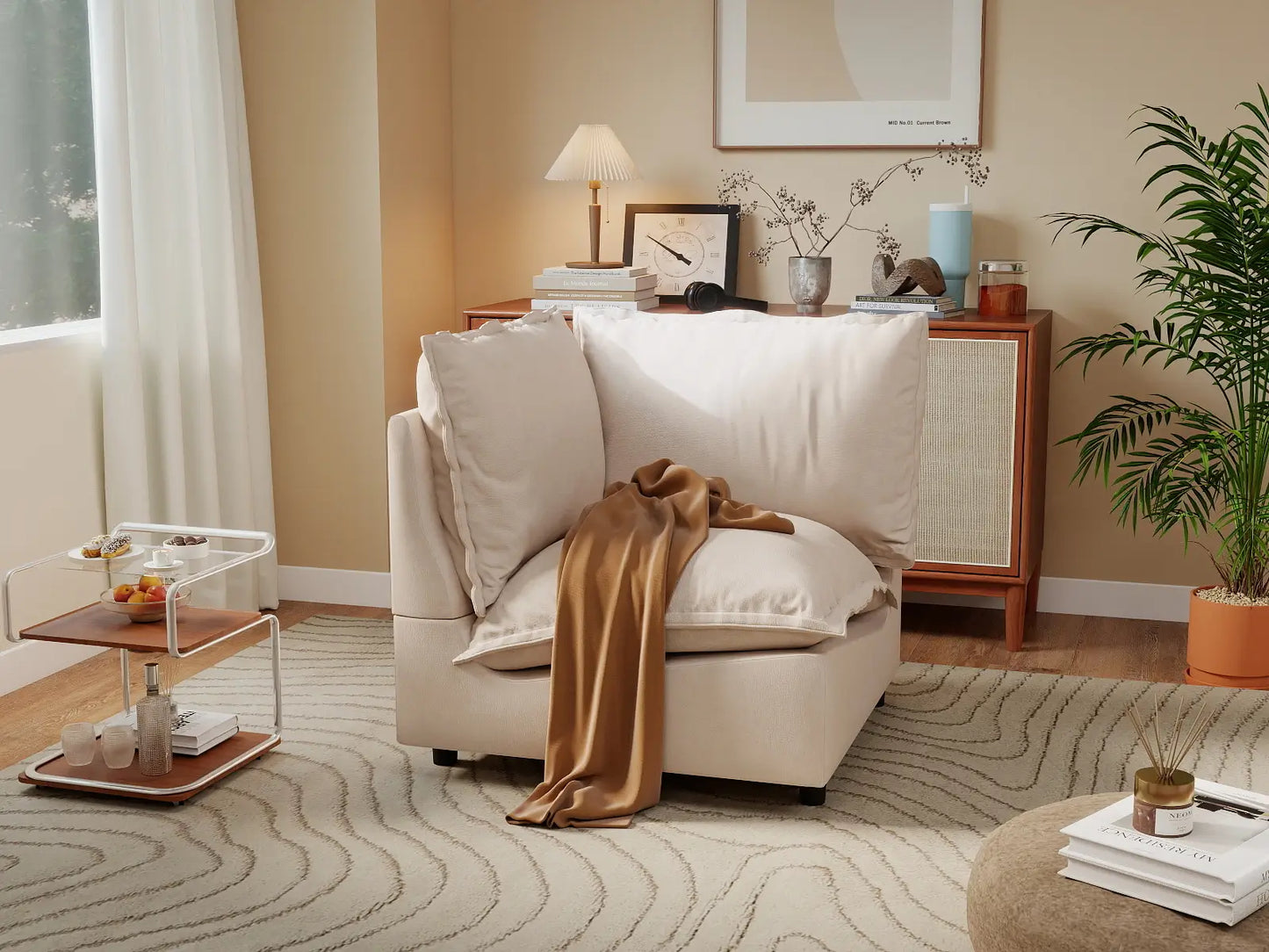 1 Piece Beige Linen Flex Nook Single Sofa 1 Seat 1