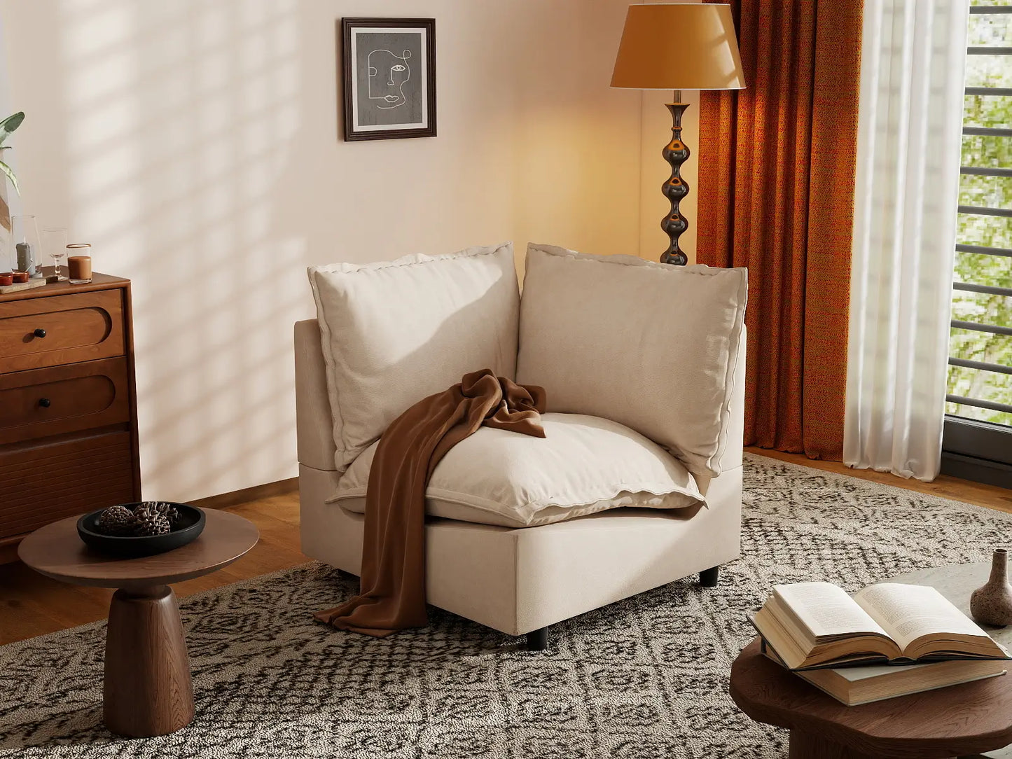 1 Piece Beige Linen Flex Nook Single Sofa 1 Seat 5