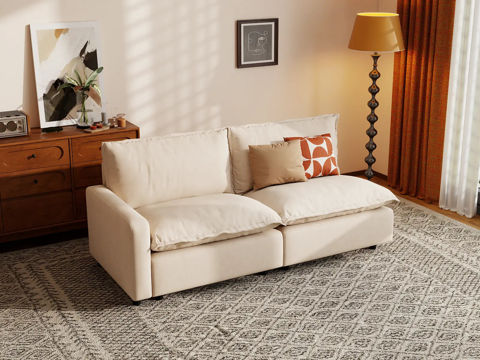 Modular Cero Modular Sectional Sofa for Small Space | 2-Piece Beige Linen Flex Nook Loveseats 2-Seater
