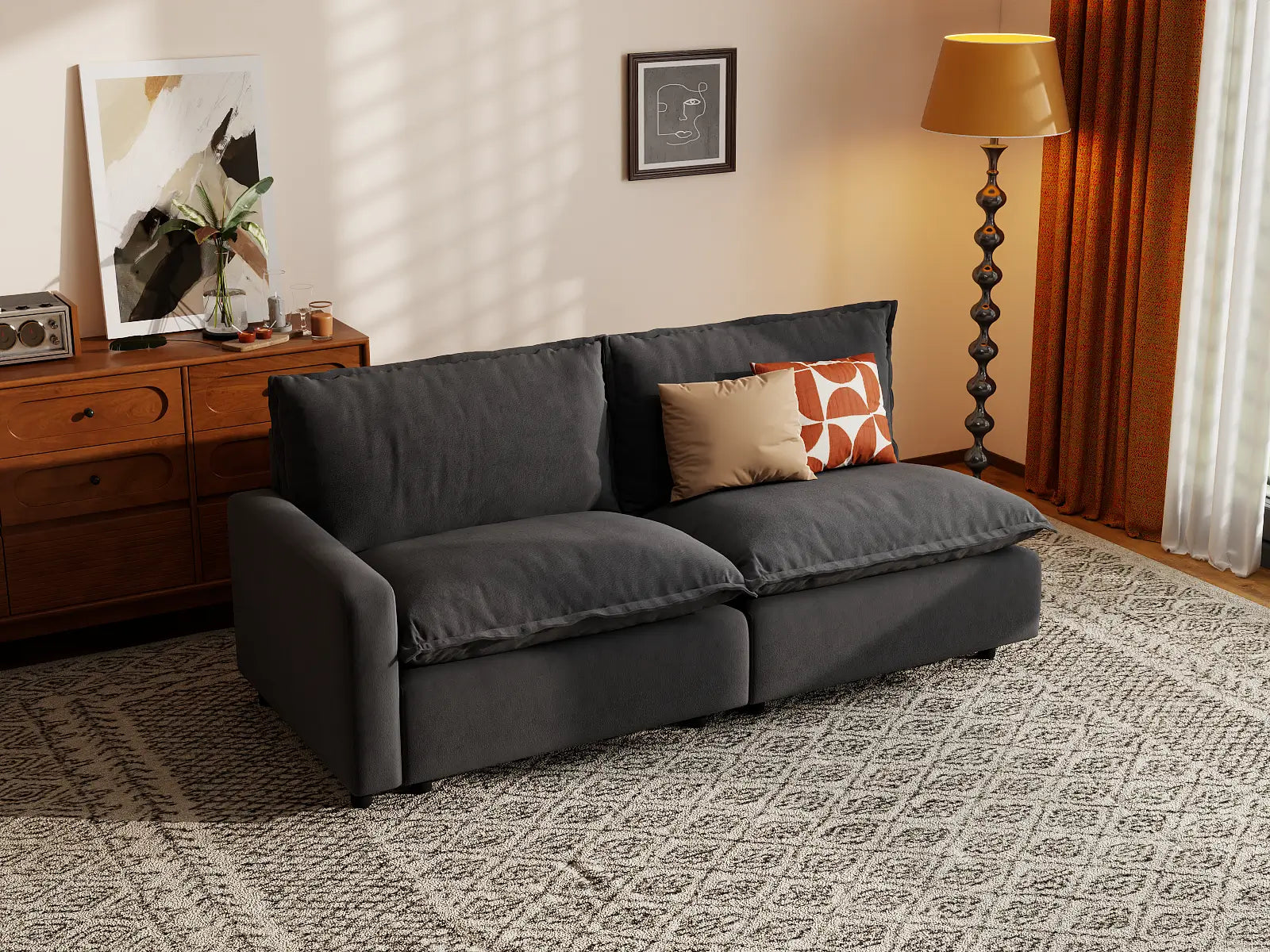 Modular Cero Modular Sectional | 2-Piece Grey Linen Small Space Loveseats 2-Seater
