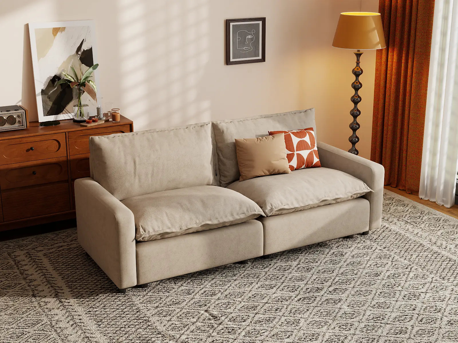 Modular Cero Modular Sectional for Small Space | 2-Piece Khaki Linen Flex Nook Loveseats 2-Seater
