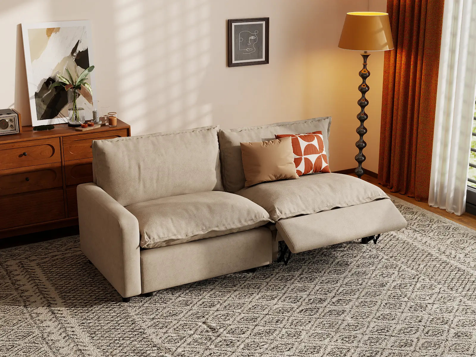 Modular Cero Reclining Loveseat for Small Space | 2-Piece Khaki Linen Flex Nook Loveseats 2-Seater
