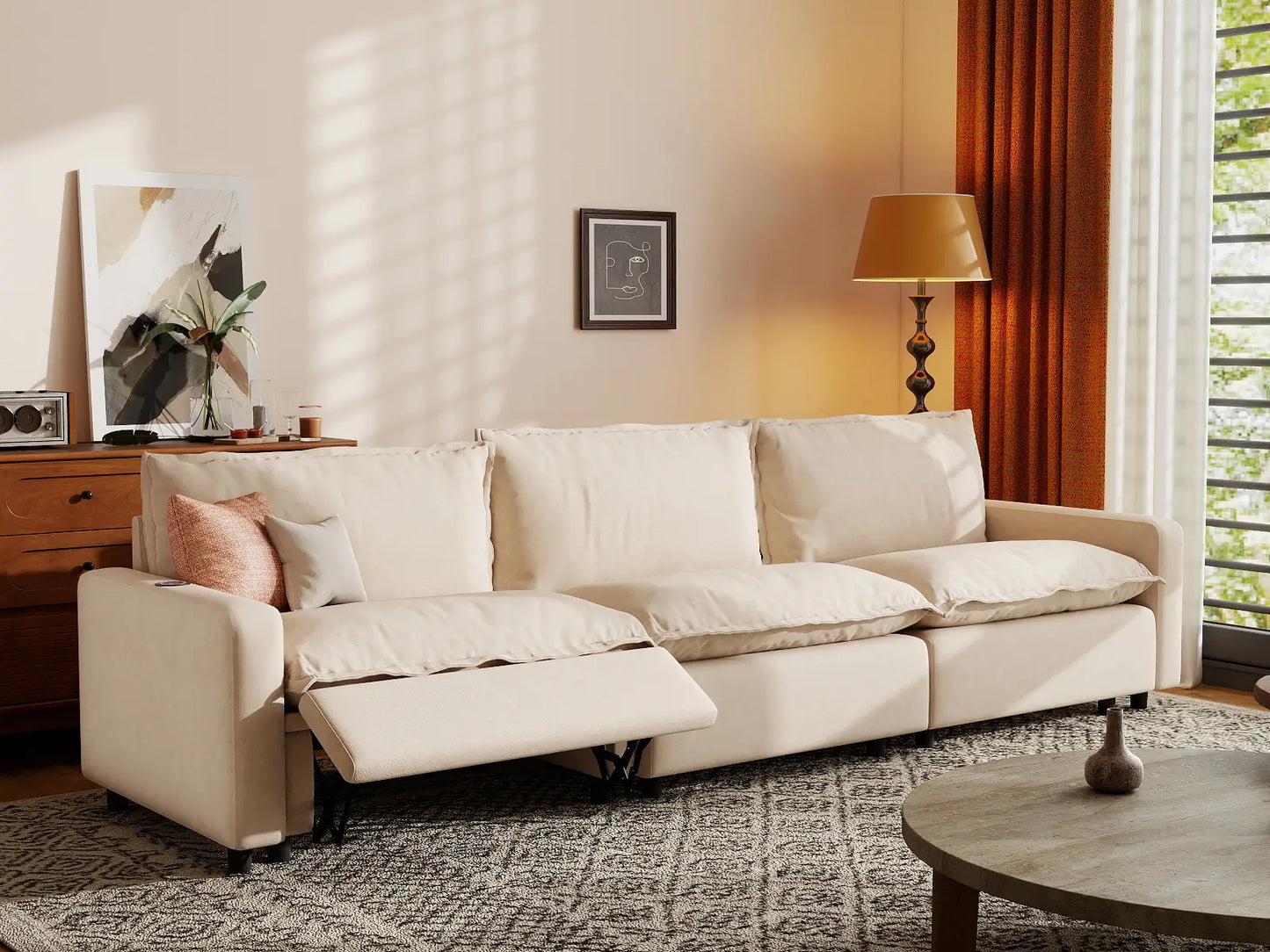 3 Piece Beige Linen Corner Space Couch Sectionals 3 Seater 1