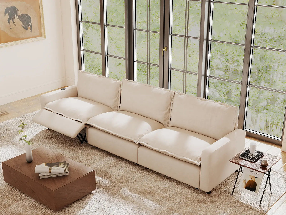 3 Piece Beige Linen Corner Space Couch Sectionals 3 Seater 7