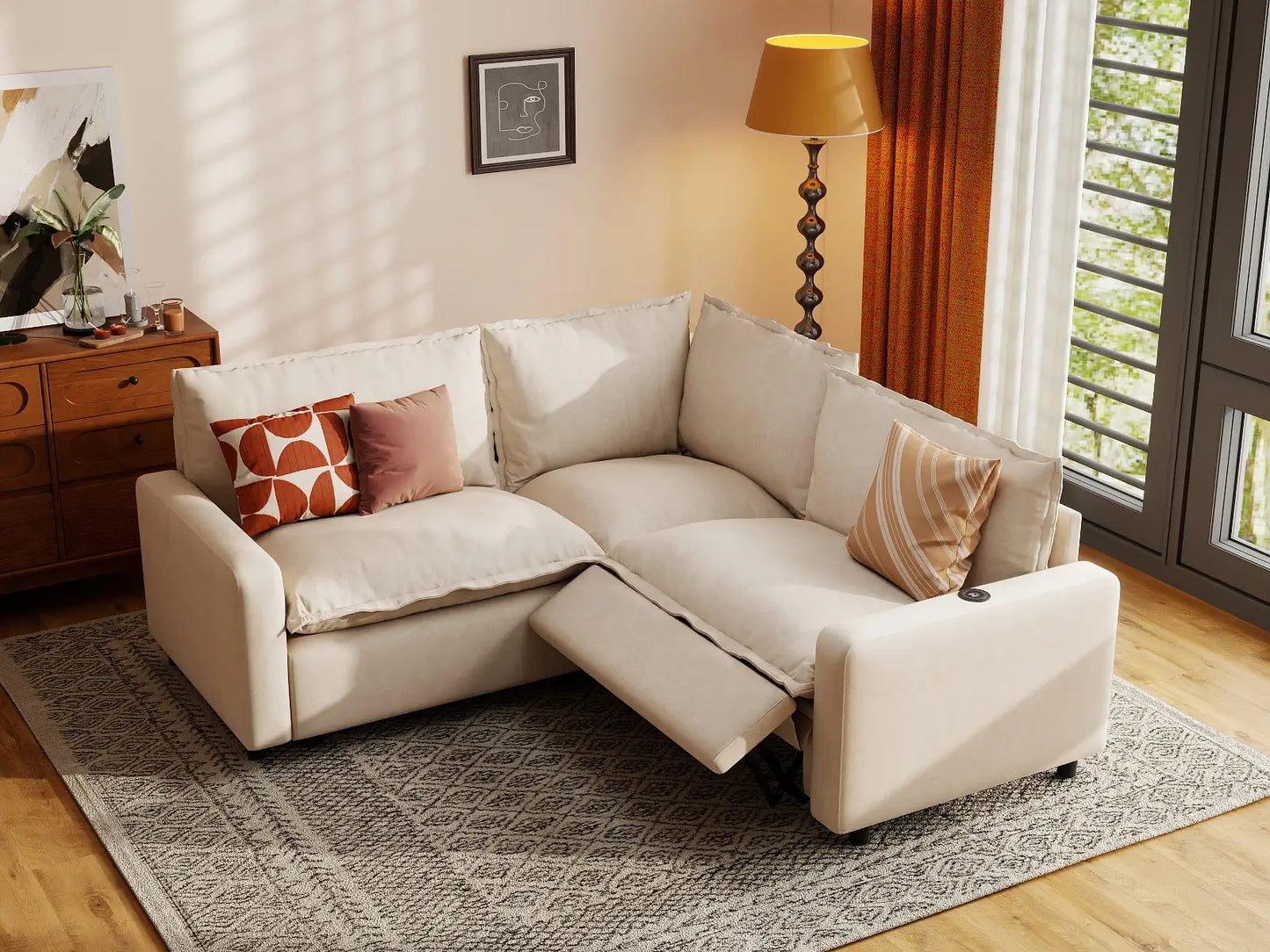 3 Piece Beige Linen Italian Minimalist V Shaped Sectionals 3 Seater 1