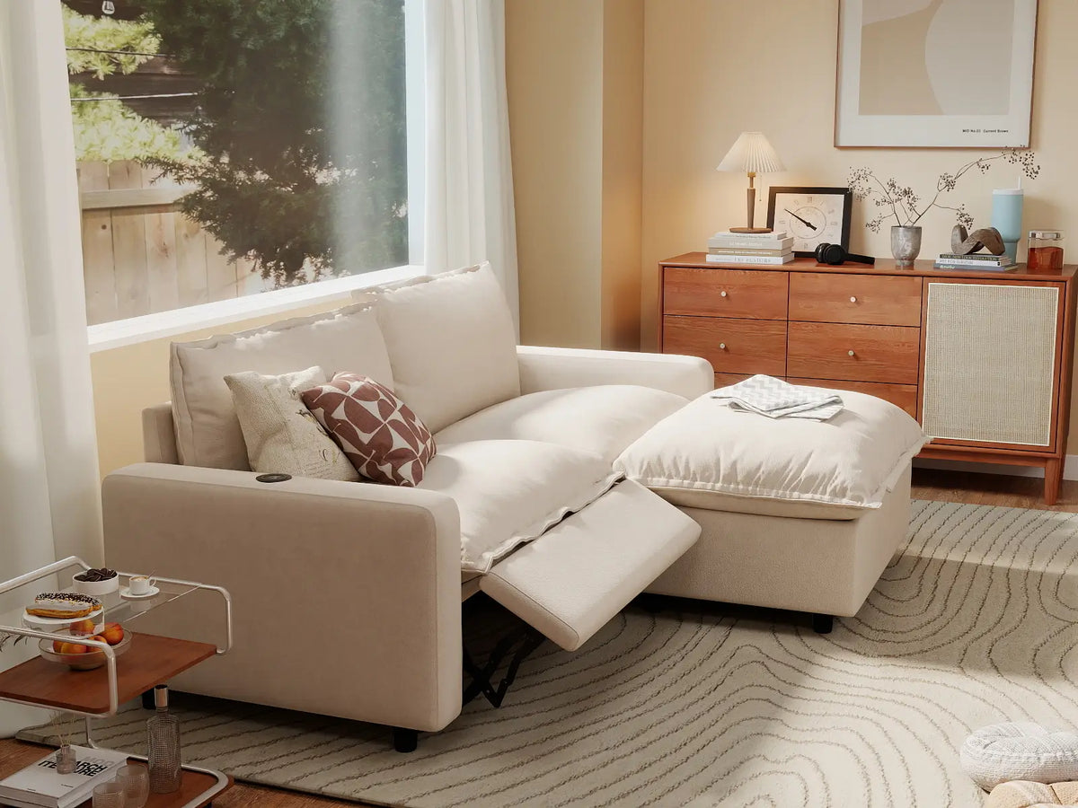 3 Piece Beige Linen Rental Friendly Chaise Sectionals 2 Seater with 1 Ottoman 7